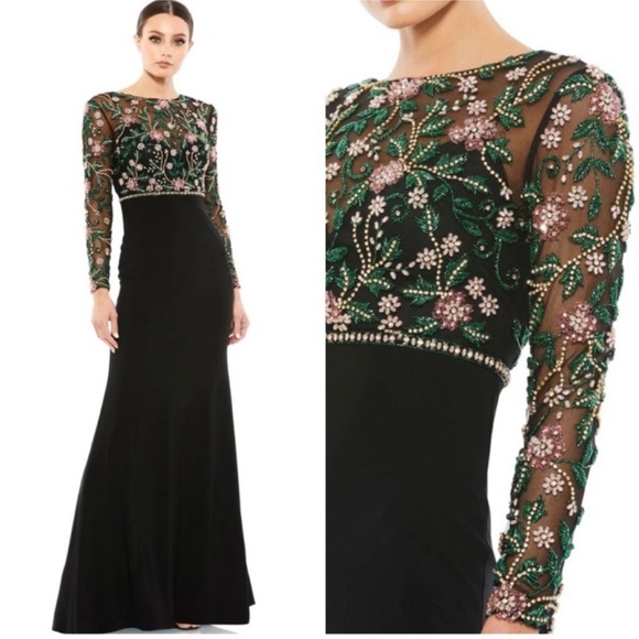 MAC DUGGAL Floral Beaded Illusion High Neck Trumpet Gown NEW Size 8 Black Dress